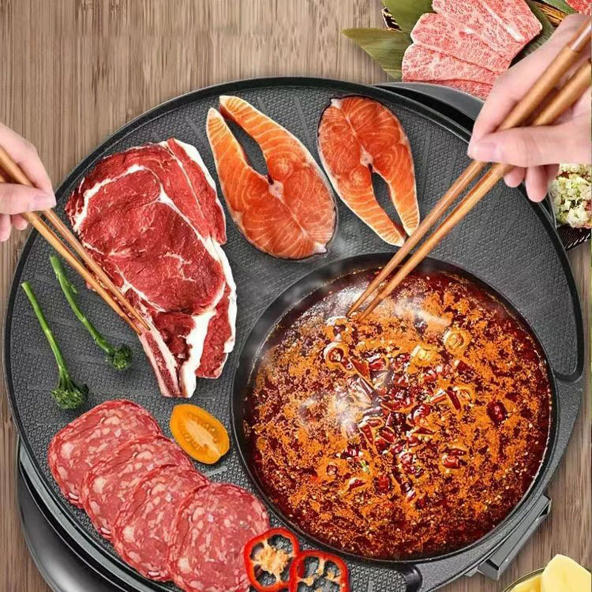 Electric Grill with Hot Pot Portable Round Barbecue Griddle Cookware Non Stick 2 in 1 Korean BBQ