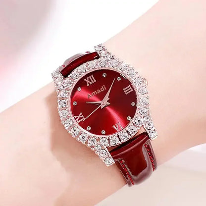 Elegant Rhinestone Leather Strap Quartz Watch