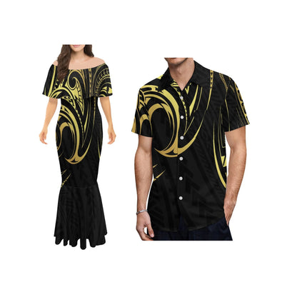 Polynesian Tribal One-Shoulder Mermaid Dress & Matching Men's Shirt