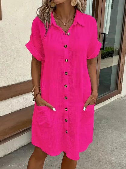 V-Neck Single-Breasted Mini Dress - Casual Loose Fit Short Sleeve Summer Dress