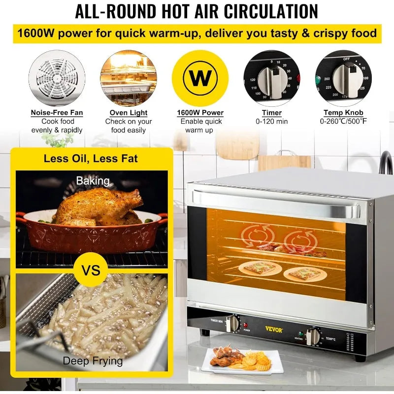 VEVOR Countertop 47L/43Qt, Half-Size Commercial Conventional Oven 1600W 4-Tier Toaster w/Front Glass Door