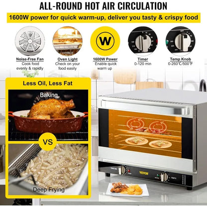 VEVOR Countertop 47L/43Qt, Half-Size Commercial Conventional Oven 1600W 4-Tier Toaster w/Front Glass Door