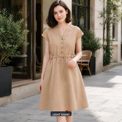 Women's Summer Cotton Linen Short Sleeve Button-Down A-Line Dress