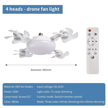 2-in-1 E27 Drone-Design Ceiling Fan Light with Remote Control (60W)