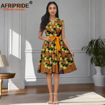Designer Print Sleeveless High Waist Dress with Sash