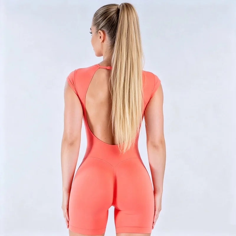 HISTELLO Women’s Cap Sleeve Backless One-Piece Jumpsuit – High-Elasticity Fitness & Yoga Romper