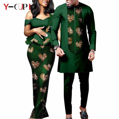 African Print Matching Couple Outfits Men's Dashiki Shirt Set & Women's Dress
