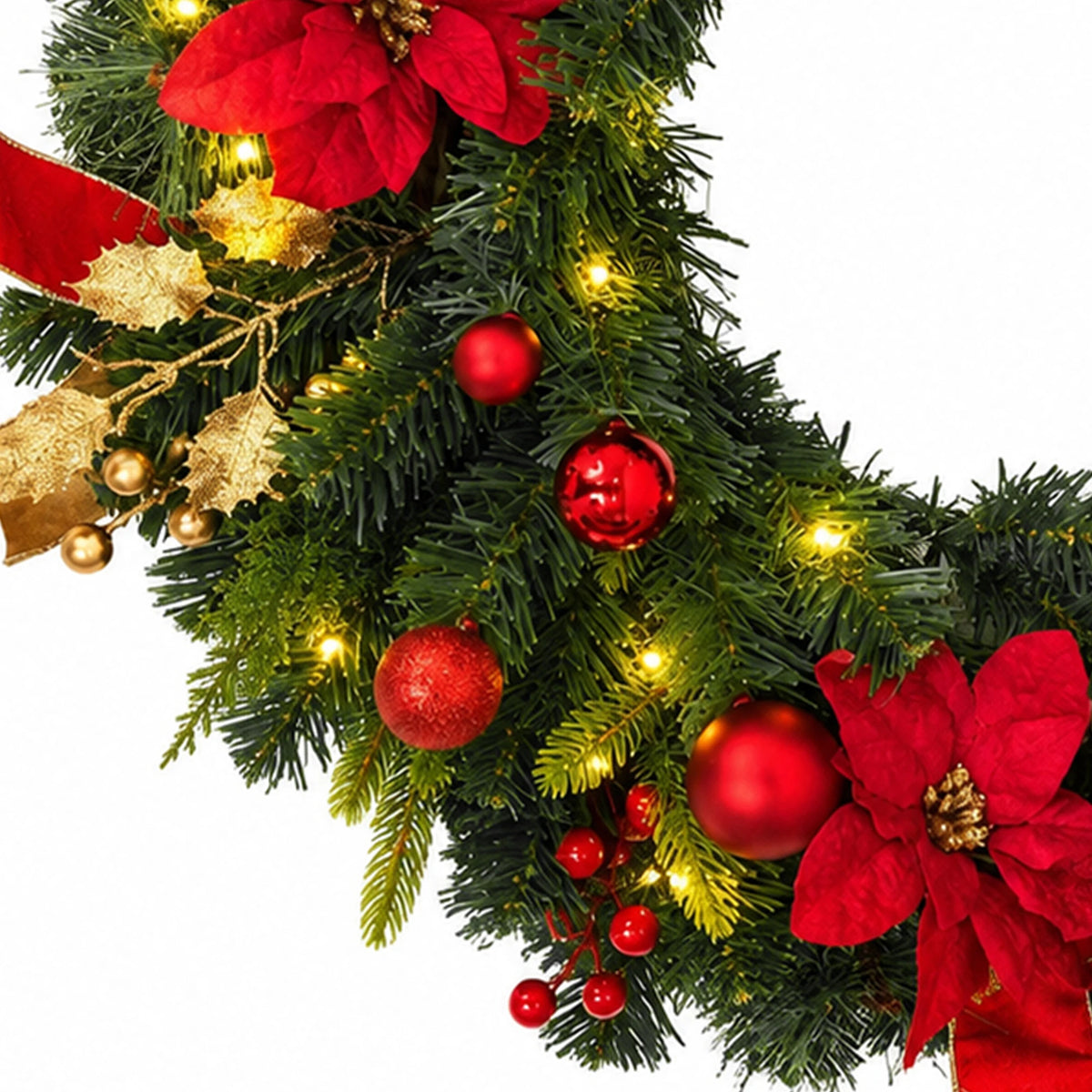 24-Inch Pre-Lit Christmas Wreath with Red Poinsettias & LED Lights