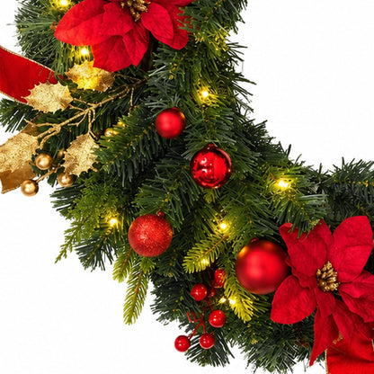24-Inch Pre-Lit Christmas Wreath with Red Poinsettias & LED Lights