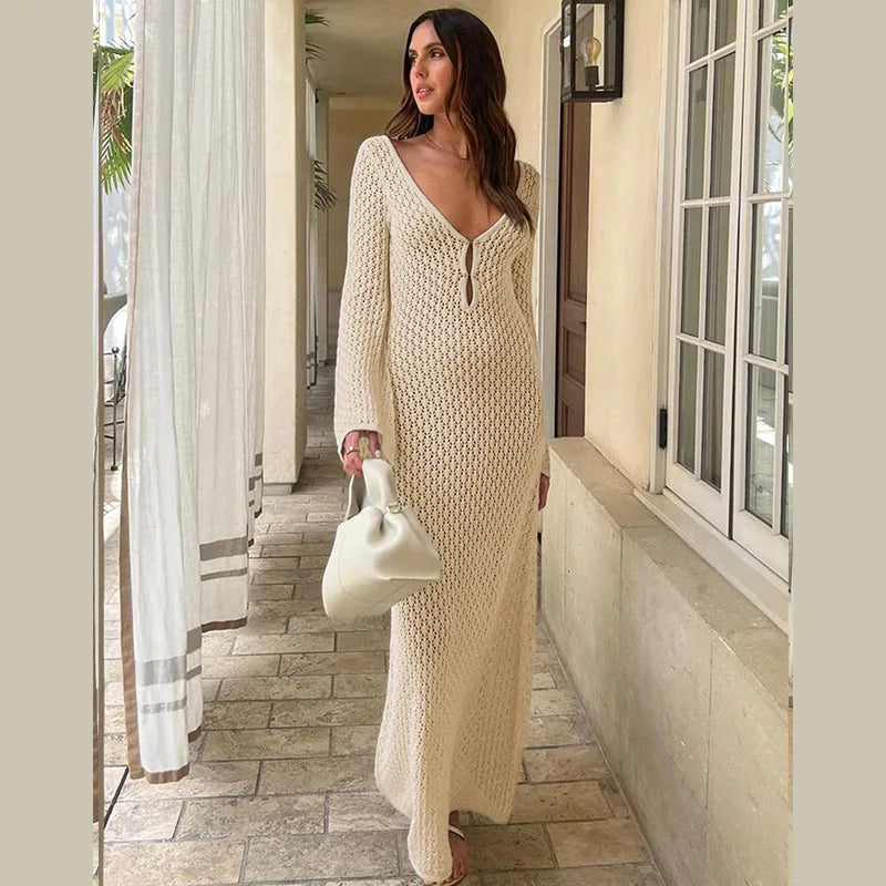 Women's Deep V-Neck Backless Knit Beach Cover-Up Dress