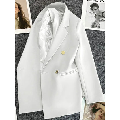 Women's Elegant Double-Breasted Blazer Jacket - Spring Autumn Slim Fit Korean Style Outerwear