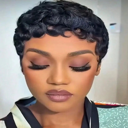 Short Pixie Cut Curly Wave Human Hair Wig, 6 Inch, 250% Density Glueless