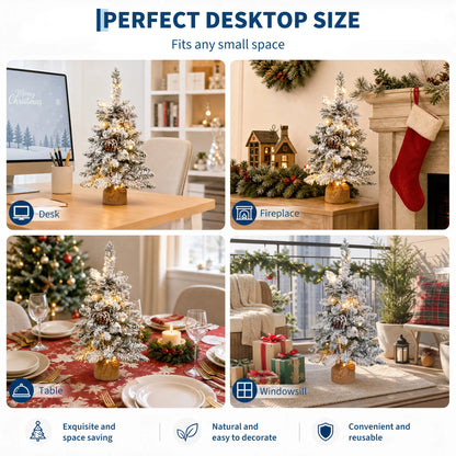 24-Inch Pre-Lit Snowy Tabletop Christmas Tree – Flocked Mini Xmas Tree with LED Lights & Ornaments