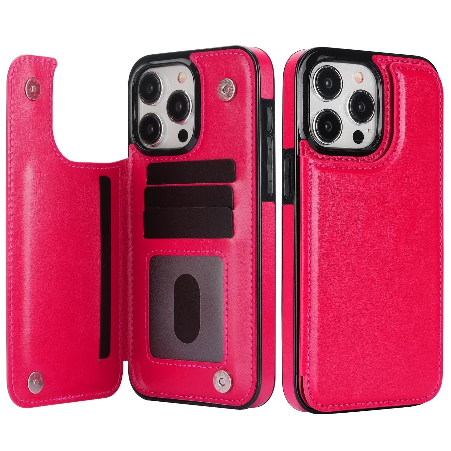 Double Button With Card Slot Stand Flip Leather Case For iPhone