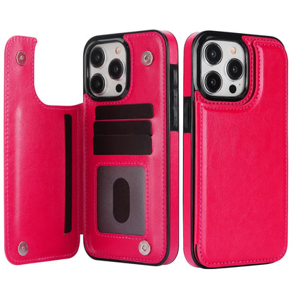 Double Button With Card Slot Stand Flip Leather Case For iPhone