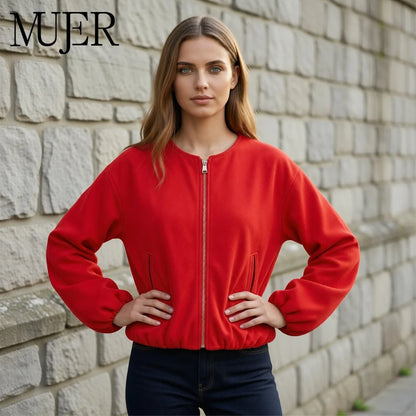 MUJER Women's Casual Cropped Fleece Bomber Jacket