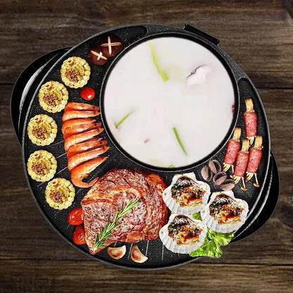 Electric Grill with Hot Pot Portable Round Barbecue Griddle Cookware Non Stick 2 in 1 Korean BBQ