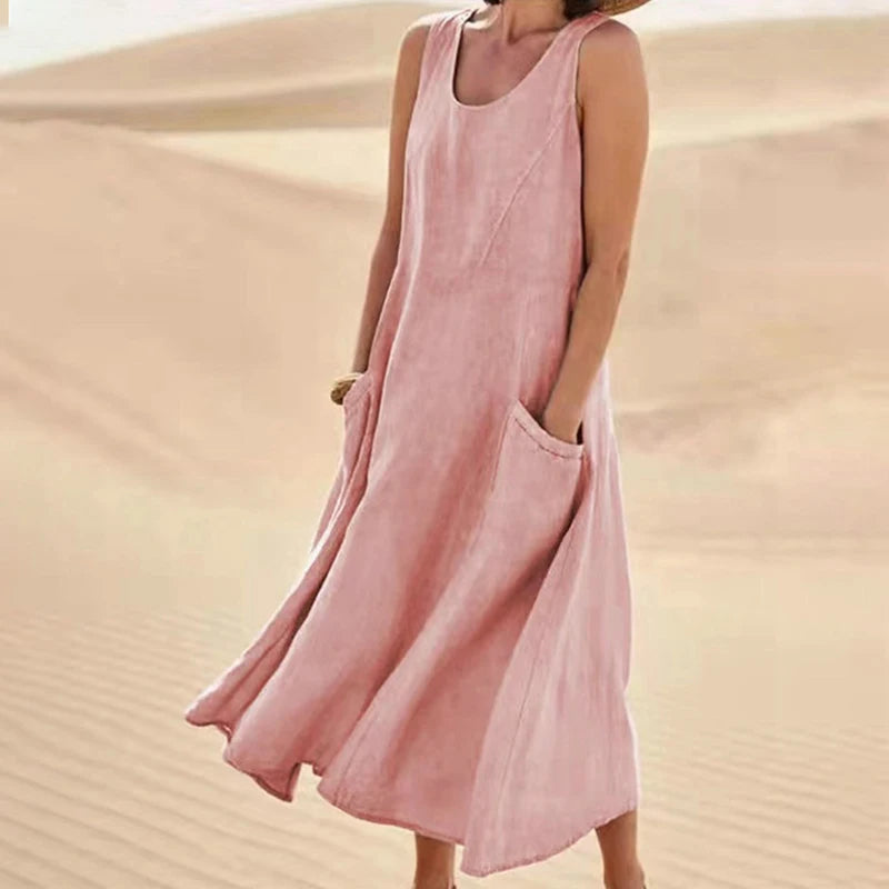 Women's Summer Cotton Linen Sleeveless Loose Maxi Dress with Pockets