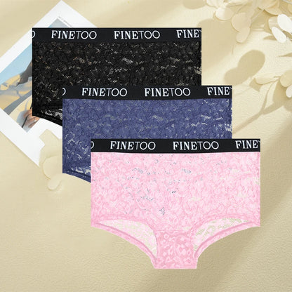 FINETOO Women's Lace Boyshort Panties Set - High-Waist Transparent Mesh Briefs