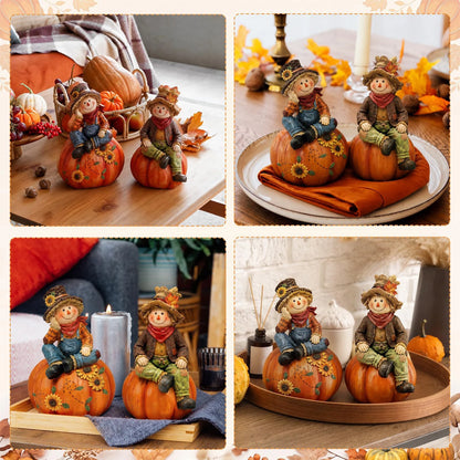 2-Piece Autumn Scarecrow Wooden Table Ornaments - Thanksgiving Standee Decor Set