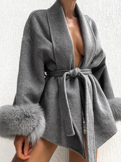 Elegant Lace-Up Woolen Short Coat with Furry Trim