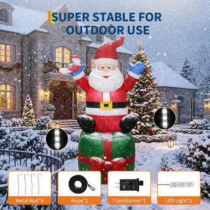6FT Inflatable Santa Claus Sitting on Gift Box with Candy Cane