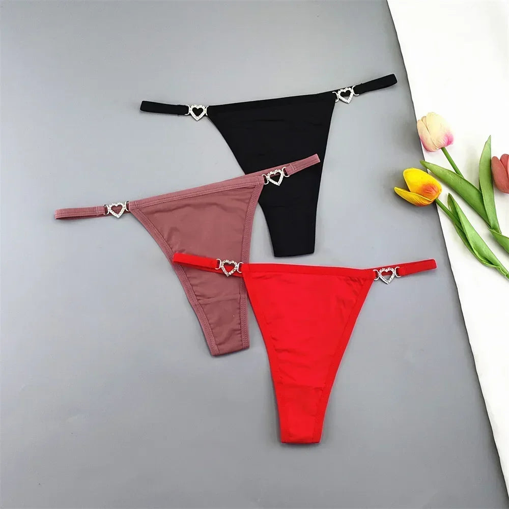 3Pcs Women's Seamless Ice Silk Thong Set - Low Waist Thin Strap G-String Panties with Rhinestone Buckle