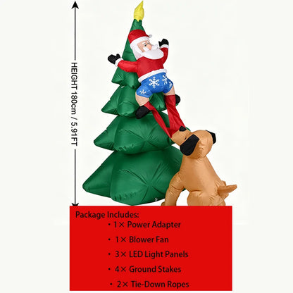 6FT Christmas Inflatable Dog Chasing Santa Climbing Tree