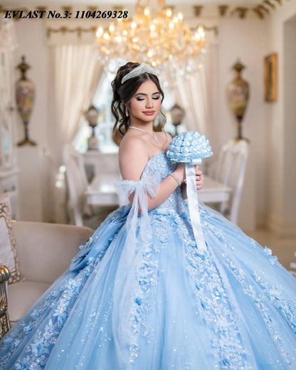 EVLAST Floral Applique Beaded Quinceanera Dress