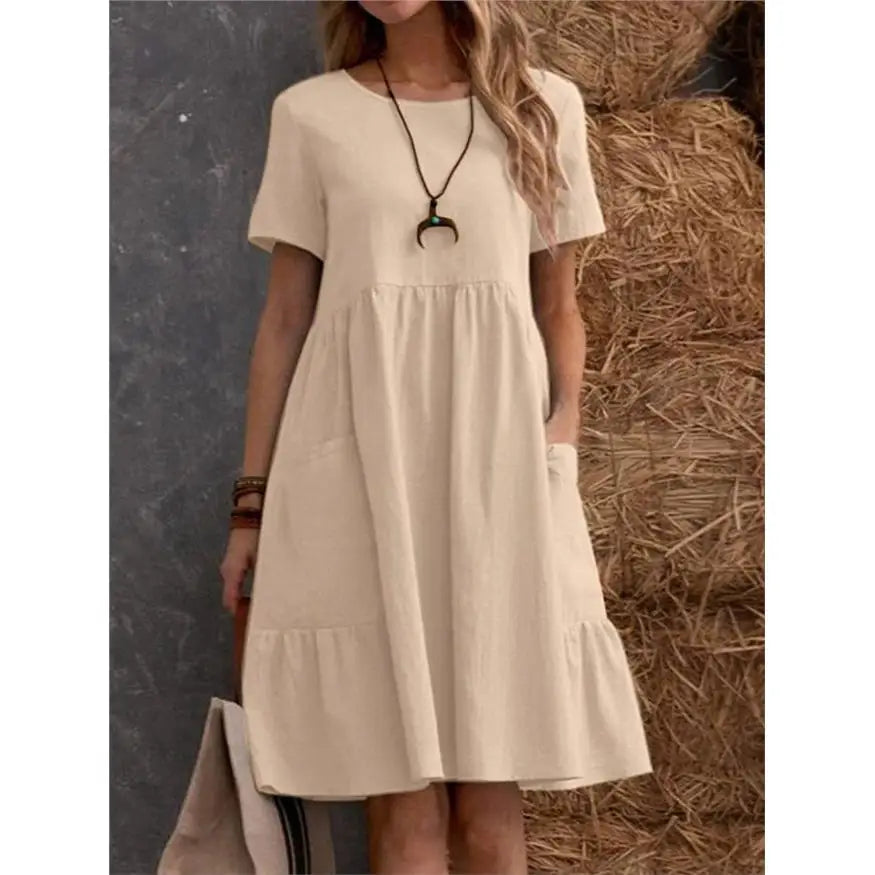 Women's Round Neck 100% Linen Loose Fit Summer Midi Dress with Pockets