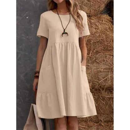 Women's Round Neck 100% Linen Loose Fit Summer Midi Dress with Pockets