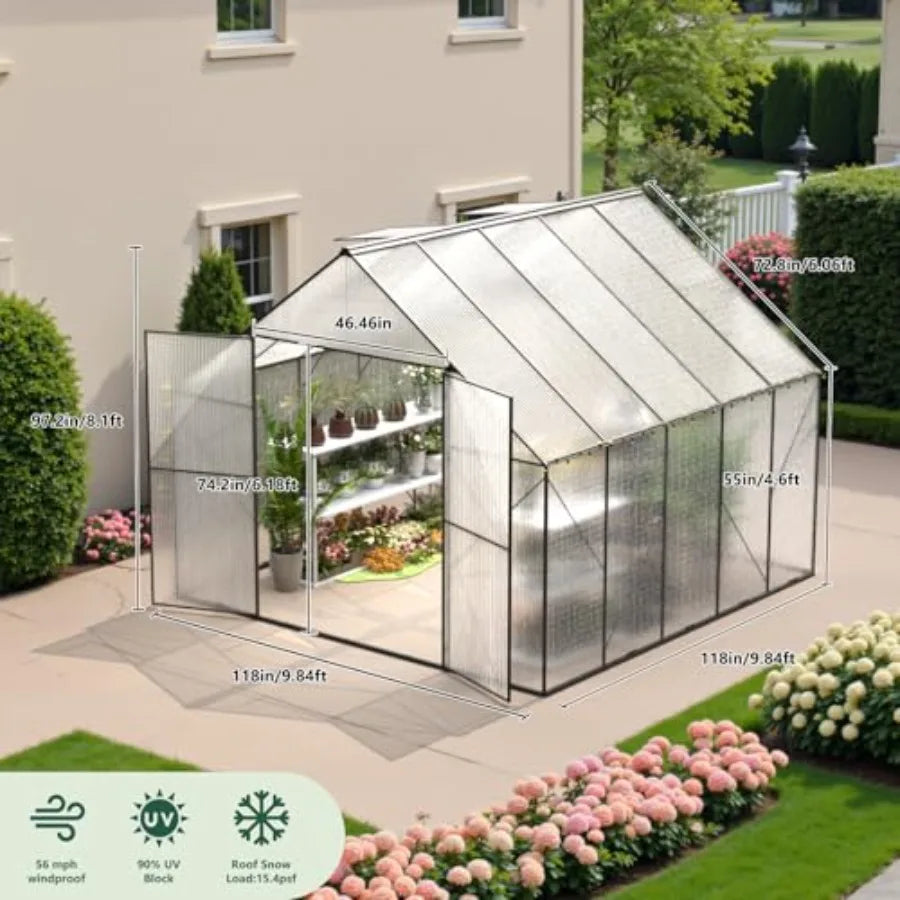Walk-in Outdoor Garden Greenhouse with Heavy Duty Polycarbonate Panels 10x10 ft