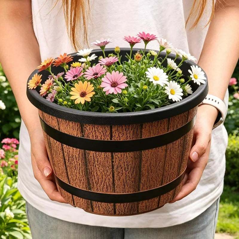 Retro Imitation Wood Plastic Barrel Planter for Garden & Bonsai