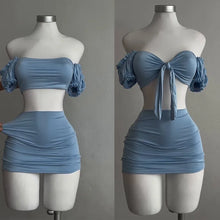 Puff Sleeve Strapless Crop Top and High Waist Skirt Set