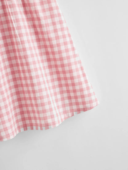 Girls Pink Plaid Plissé Dress with Floral Lace