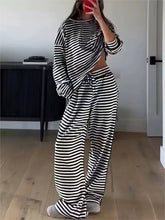 Striped Printed Oversized Long-sleeved Top High-waist Trouser Set