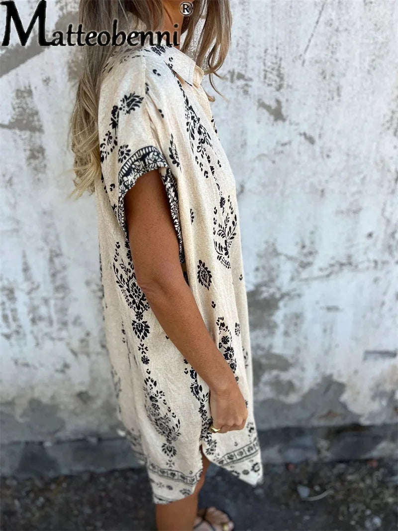 Women's Vintage Cotton Linen Single-Breasted Shirt Dress