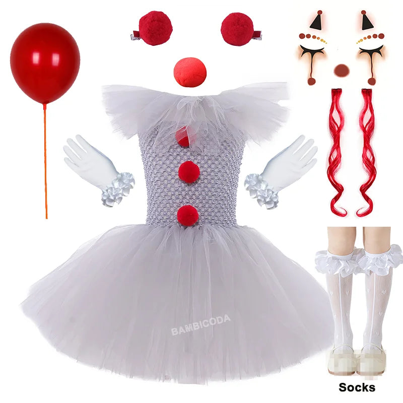 Girls' Pennywise Halloween Costume Dress Set - Creepy Clown Tutu Outfit for Kids