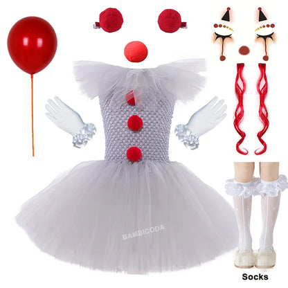 Girls' Pennywise Halloween Costume Dress Set - Creepy Clown Tutu Outfit for Kids