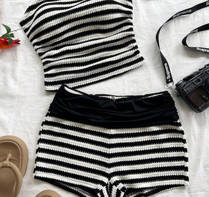 Black and white Striped Strapless Shorts Set,