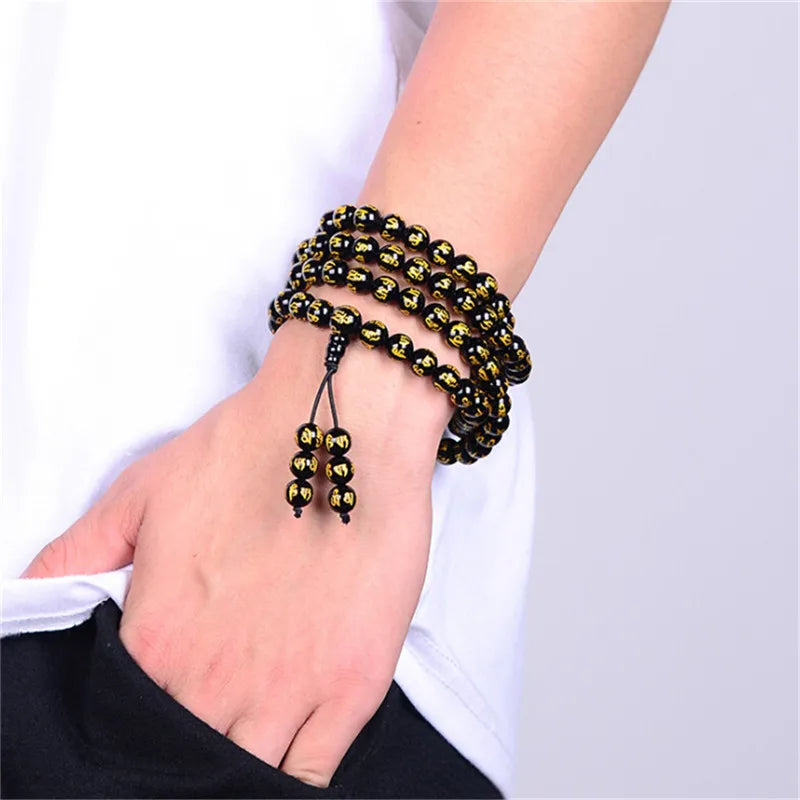 Natural Stone Six Words Mantra Bead Bracelet