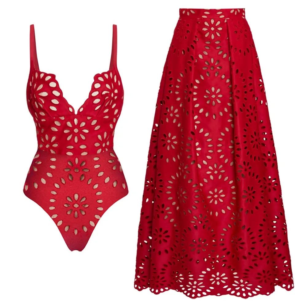 Women's Floral Cutout One-Piece Swimsuit & Skirt Set