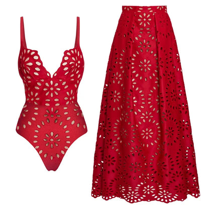 Women's Floral Cutout One-Piece Swimsuit & Skirt Set