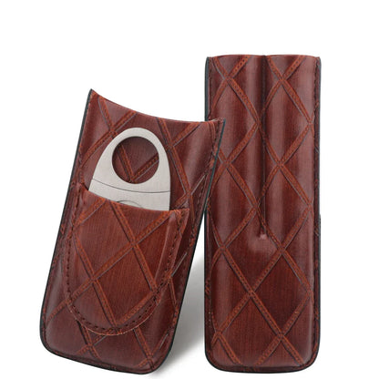 Xifei 2 Slot Leather Cigar Case Set W/ Stainless Steel Cutter