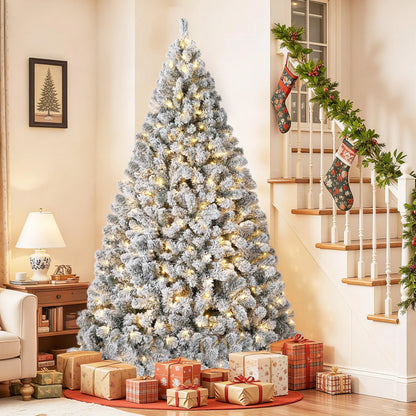6FT/7.5FT Flocked Artificial Christmas Tree with Snowy Warm White LED Lights - Hinged Fraser Fir Holiday Decor