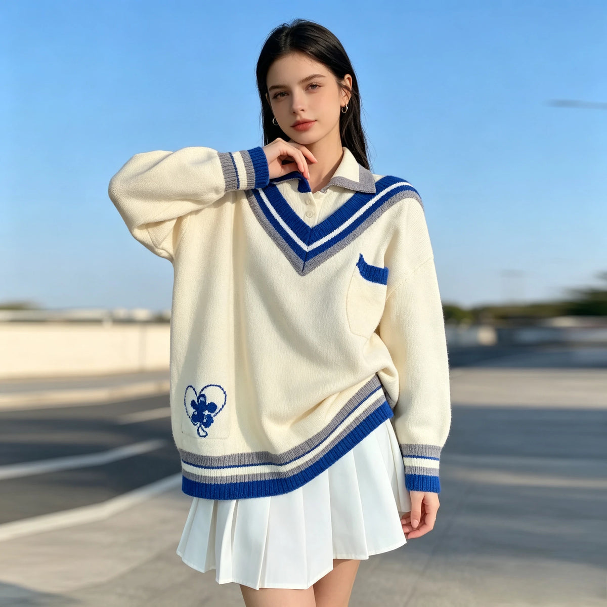 Women’s College Style Spliced Polo Collar Knitted Sweater