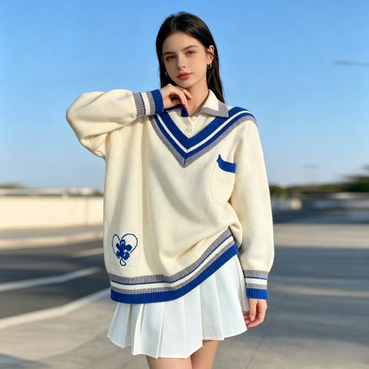 Women’s College Style Spliced Polo Collar Knitted Sweater