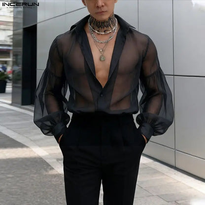 INCERUN Men’s Mesh Patchwork Long Sleeve Button-Down Shirt – Summer Streetwear See-Through Top