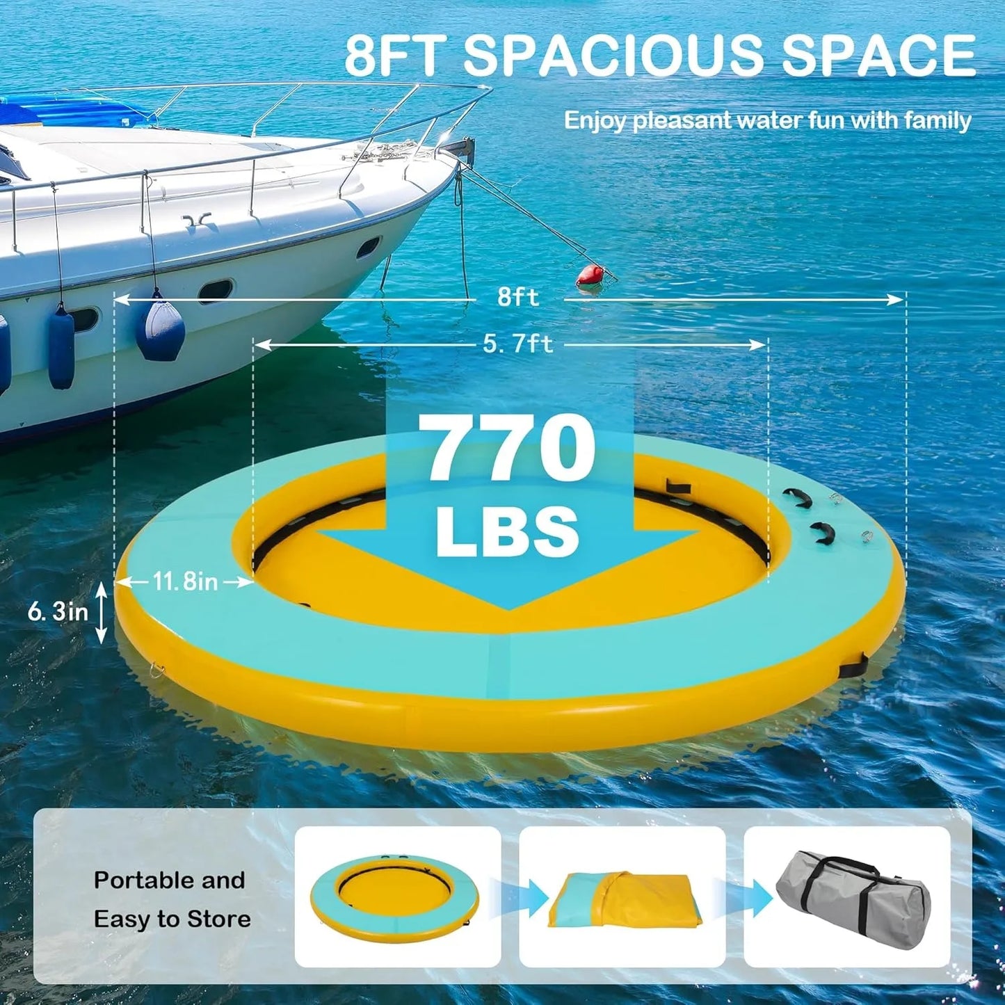 8 FT Round Floating Ring Inflatable Water Hammock with Detachable Ladder