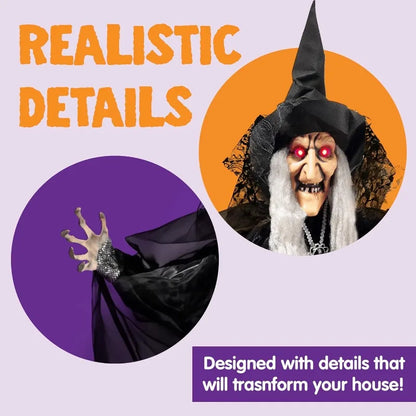 47" Animated Hanging Witch Halloween Prop with Sound Activation & LED Eyes